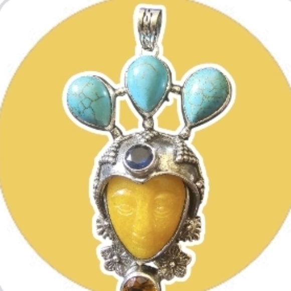 Moon Goddess Turquoise, Yellow & Blue stone Pendant~EUC - Picture 4 of 7